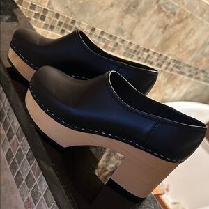 Swedish Hasbeens Black Leather Mules with Tan Platform